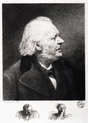 Porträtt av Honore Daumier (1808-1879), fransk gravör, målare och skulptör. Gravyr av son Boulard
