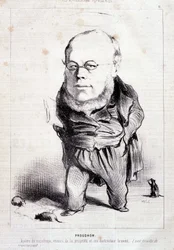 Proudhon, "" socialismens apostel, egendomens fiende och dess patenterade förstörare"" - av Daumier, i "" Charivari"" av 1849-01-06