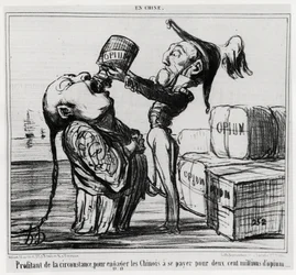Andra opiumkriget (1856-1860): År 1858 gick den kinesiska regeringen med på att legalisera handeln med opium. ”Genom att utnyttja omständigheterna för att få kineserna att betala tvåhundra miljoner opium”, ur serien I Kina, illustration av Honoré Daumier.