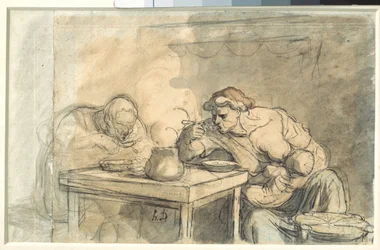 Soppa Ett par arbetare äter soppa, mamman ammar barnet. Akvarell av Honore Daumier (1808-1879). 1862-1865. Dämpa. 0,3x0,49 m. Paris, Louvren
