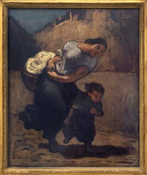 Stormen (lavendeln). En kvinna som håller en kort korg med ett barn, förmodligen för att skydda sig från regnet. Konstverk av Honore Daumier (1808-1879), olja på kartong