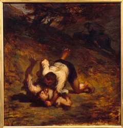 Tjuvar och åsna. Illustration av fabeln av Jean de La Fontaine. Målning av Honore Daumier (1808 - 1879)