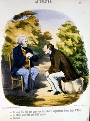 Två män som diskuterar politik och användbarheten av Comte de Mole (färg litho)