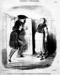 Obekvämt att besöka, utan försiktighet, en entresol vars tak är lite för lågt, hämtat från "" Tenants et Owners"", tecknad serie av Honore Daumier (1808-1879). “Charivari”