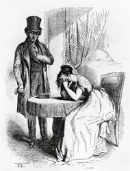 Kvinna i förtvivlan under mannens blick, illustration från Ferragus av Honore de Balzac (1799-1850), fransk upplaga
