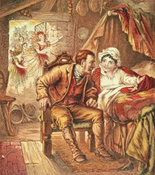 Tom Thumbs födelse, illustration från Our Nurses Picture Book, graverad av Kronheim & Co., 1869