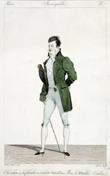 Underbara Paris. Man har Karl XII:s hår, klädd i vattengröna trosor och flöta nätstrumpor. Illustration av herrmode gjord omkring 1810 av Horace Vernet (1789 - 1863).