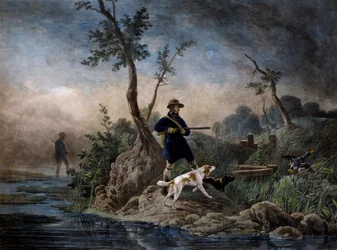 Ankajakt i kärr, gravyr baserad på målning av Horace Vernet (1789-1863)