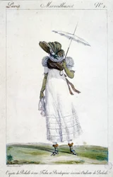 Modegravyr av Horace Vernet (1789 - 1863), gjord omkring 1810 för "A Wonderful", föreställande en kvinna som bär en ecru baldakin, ett blodigt, tartanbroderi och ett paraply.