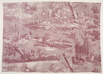 Fragment av koppartryckt bomull med jaktscendesign, ca. 1815.
