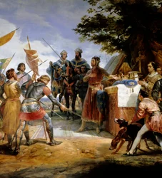 Fransk-engelska kriget (1202-1214): "" slaget vid Bouvines den 27/07/1214, Philippe Auguste sätter i spel Frankrikes krona"" Hon motsatte sig Philippe Augustes franska armé mot flamländarna och Othon IV. . Den franska segern var avgörande i o