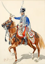 Hussard russe levant son saber - Russian Hussar Raising his Saber par Vernet, Horace (1789-1863), - Akvarell och bläck på papper, 30x21 - Privat samling