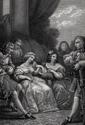 The Misanthrope or the Atrabilaire in Love - Gravyr från "Works" av Jean-Baptiste Poquelin dit Moliere (Jean Baptiste Poquelin