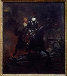Leonores ballad Illustration av Gottfried Burgers dikt "" Leonore" (1747-1794), Döden på hans häst tar Leonore. Målning av Emile Jean Horace Vernet (1789-1863) 1839 sön. 0,61x0,55 m Nantes, musee des Beaux Arts