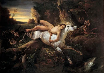 Mazeppa, illustration till dikten av Lord Byron eller Victor Hugo: hjälten Mazeppa binds, efter att ha förolämpat en adelsman, vid en vild häst. Målning av Émile Horace Vernet (1789-1863), 1800-talet, Avignon, Musée Calvet