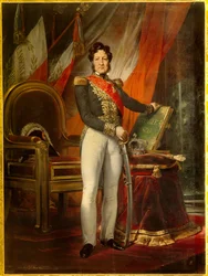 Helfigursporträtt av Ludvig Filip I (1773-1850), fransmännens kung, som håller 1830 års stadga. De trefärgade flaggorna bakom kungen bär mottot ”Frihet, jämlikhet, broderskap”. Målning av Émile Jean Horace Vernet (1789-1863)
