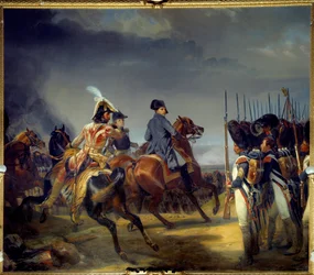 Slaget vid Iena den 14/10/1806, kejsar Napoleon I (1769-1821), Joachim Murat och Louis Alexandre (Louis-Alexandre) Berthier passerar vaktrecensionen Målning av Emile dit Horace Vernet (1789-1863) 1836 Dim 4, 65x5,43 m
