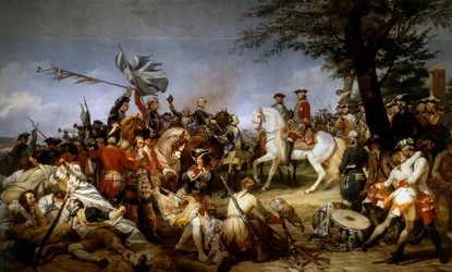 Österrikes tronföljdskriget (1740-1748): "" Slaget vid Fontenoy 11/05/1745; marechalen av Sachsen överlämnade till Ludvig XV fångarna och de engelska flaggorna””” Målning av Emile Horace Vernet (1789-1863) 1828 Sön. 5,1x9,75 m