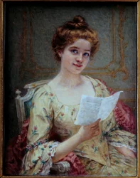 Brevet från Manon Miniatyr på elfenben av Hortense Richard (1860-efter 1939) 1800-talets sön. 0,13x0,1 m