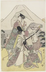 Två kvinnor som reser med häst vid foten av berget Fuji, ca 1790-talet (träblock i färg)