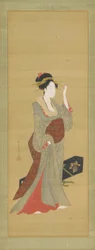 En geisha på väg att justera en sköldpaddshårnål, sent 1700-tal.
