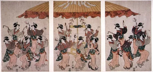 Sumiyoshi-dansen, triptyk, ca 1791 (färgat trätryck)