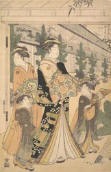 Två Oiran med två kvinnliga skötare i Yoshiwara.