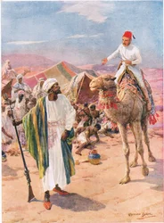 "Ensam och obeväpnad Gordon red in i slaverslägret", illustration från "Modiga gärningar av modiga män" av C. Sheridan Jones, pub. 1922 (lito)