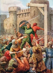 Rygg mot rygg stod de oförskämda två, illustration från "Robin Hood and his Life in the Merry Greenwood", berättad av Rose Yeatman Woolf, publicerad av Raphael Tuck
