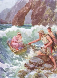 "Han ritade henne och barnet säkert på en avsats av klippa", illustration för "Hur Perseus och hans mor kom till Seriphos", från The Heroes of Greek Fairy Tales, av Charles Kingsley (1819-75) (färg litho)