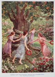 "Perseus såg dem dansa runt det förtrollade trädet" (färg litho)