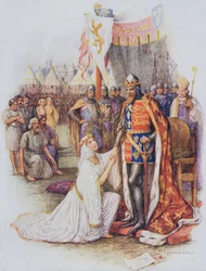 Drottning Philippa pläderar för medborgarna i Calais, illustration från "Stories of Royal Children from English History", av Doris Ashley, publicerad av Raphael Tuck
