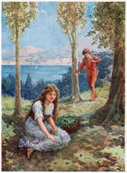 "Plötsligt stannade han och stirrade hänförd", från italienska sagor, av Lilia E. Romano, utgiven av Raphael Tuck & Sons (färg litho)
