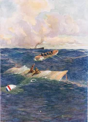 "Räddningsbåten av "Mary of Denmark" som räddar Hawker och sorg", illustration från "Modiga gärningar av modiga män", av C. Sheridan Jones, pub. 1922 (lito)