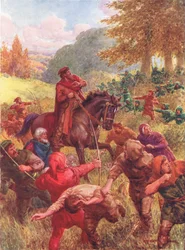 The Rescue of Sir Richard of the Lea, illustration från "Robin Hood and his Life in the Merry Greenwood", berättad av Rose Yeatman Woolf, publicerad av Raphael Tuck