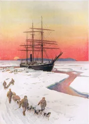 "Att lasta av Terra Nova i McMurdo Sound", illustration från "Brave Deeds by Brave Men" av C. Sheridan Jones, pub. 1922 (lito)