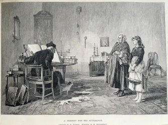 Två irländska kvinnor ger en present till en religiös. Gravyr av H. Werdmuller efter målningen av H. Helmick på 1800-talet.