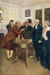 En kommitté av patrioter som levererar ett ultimatum till en kungs rådsman, illustration från "A Sign from Heaven" av Basil King, pub. i Harper