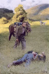 En ensam duell i mitten av ett stort soligt sätter in, illustration från "Rowand" av William Gilmore Beymer, pub. i Harper