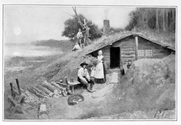 En grottbostad i Pennsylvania, illustration ur ”Colonies and Nation” av Woodrow Wilson, publicerad i Harper