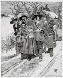 Att arrestera en häxa, graverad av J. Bernstrom, illustration från "The Second Generation of Englishmen in America" av Thomas Wentworth Higginson, pub. i Harper