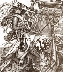 Arthurlegenden: Kay (Keu), riddare av Runda bordet, bryter sitt svärd vid en turnering. Illustration av Howard Pyle (1853-1911) ur ”The Story of King Arthur and His Knights”, 1903