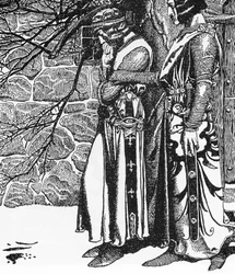 Arthurian Legend: The Knight Kay (Keu) and Perceval (Sir Kay and Sir Percival) Illustration av Howard Pyle (1853-1911) från "The Story of the Champions of the Round Table"" 1905 privatsamling