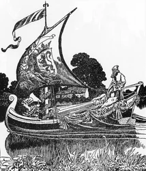 Arthurian Legend: The pråm av de döda ger kung Arthur kropp Illustration av Howard Pyle (1853-1911) från "The Story of Sir Launcelot and His Companions" 1907 privatsamling