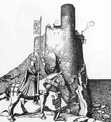 Arthurian Legend: Tristan anländer till Nabons slott (Sir Tristam anländer till Sir Nabons slott) Illustration av Howard Pyle (1853-1911) från "The Story of the champions of the round table"" 1905 Privat samling