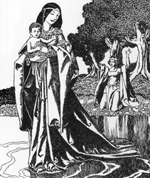 Arthurian Legend: la dame du Lacableve Lancelot enfant (Lancelot bärs av Lady of the Lake) Illustration av Howard Pyle (1853-1911) från "Berättelsen om mästarna vid det runda bordet"" 1903 Privat samling