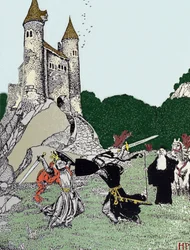 Strid mellan kung Arthur (Artus) och den svarta riddaren i närvaro av den förtrollande Merlin. Illustration av Howard Pyle (1853 - 1911), amerikansk illustratör