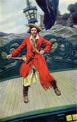 Kapten Keith på däcket på sitt skepp. Illustration från "Book of pirates Buccaneers and Marooners of the Spanish Main" av Howard Pyle (1853-1911), amerikansk illustratör