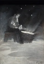 David satte sig på träbänken och tog upp en stor blå stjärna, från "The Garden Behind the Moon" av Howard Pyle, publicerad 1895 (olja ombord)