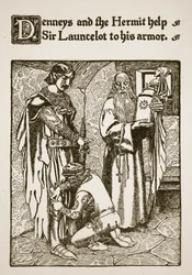 Denneys och eremiten hjälper Sir Launcelot att ta på sig rustningen, illustration från "The Story of Sir Launcelot and his Companions", 1907